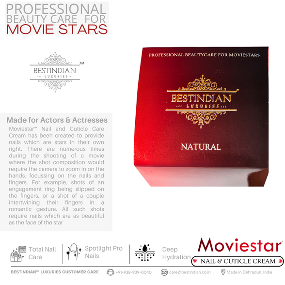 Professional beauty care packaging of Moviestar™ Nail & Cuticle Care Cream by BestIndian, emphasizing total nail care and deep hydration for spotlight-ready, healthy nails.
