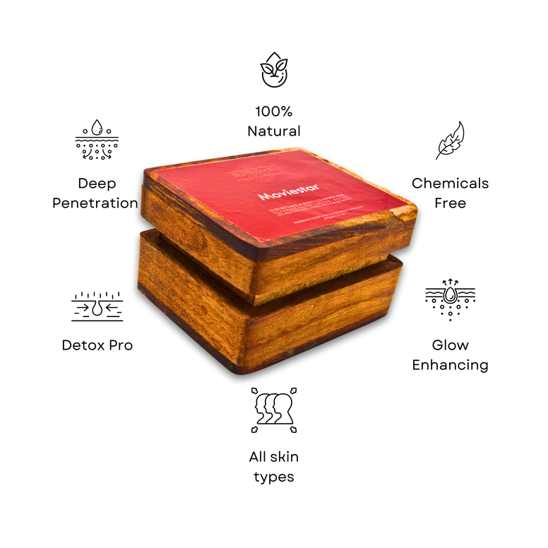 The Moviestar detox soap box surrounded by icons highlighting its key benefits: 100% natural, chemical-free, deep penetration, and glow enhancing for all skin types.