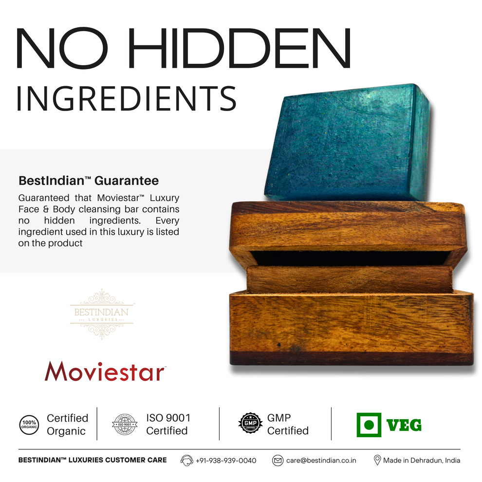 The bluish green Moviestar™ charcoal soap bar resting on its wooden box, with text highlighting the "No Hidden Ingredients" guarantee and organic certification for the best Indian soap for skin detox.