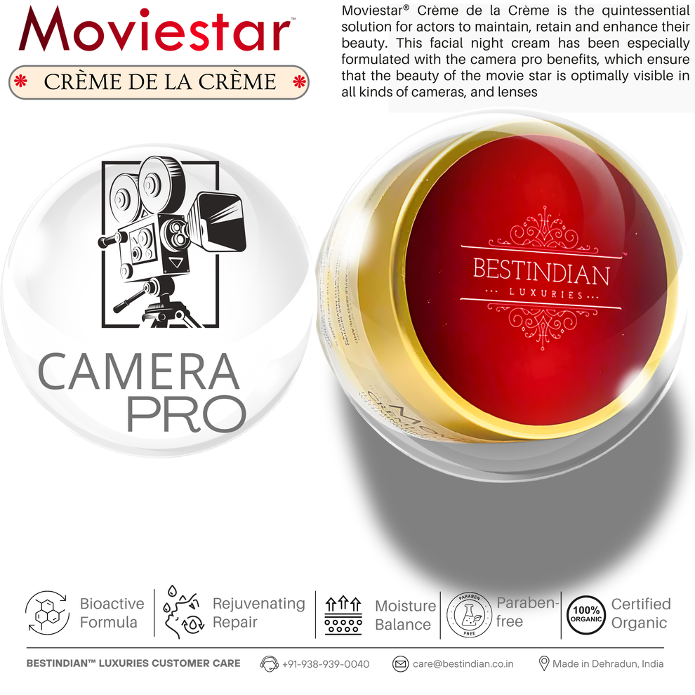 Top view of Moviestar™ Night Cream by BestIndian, crafted for professional actors and camera-ready skin, featuring a bioactive, certified organic formula for moisture balance and rejuvenating repair.