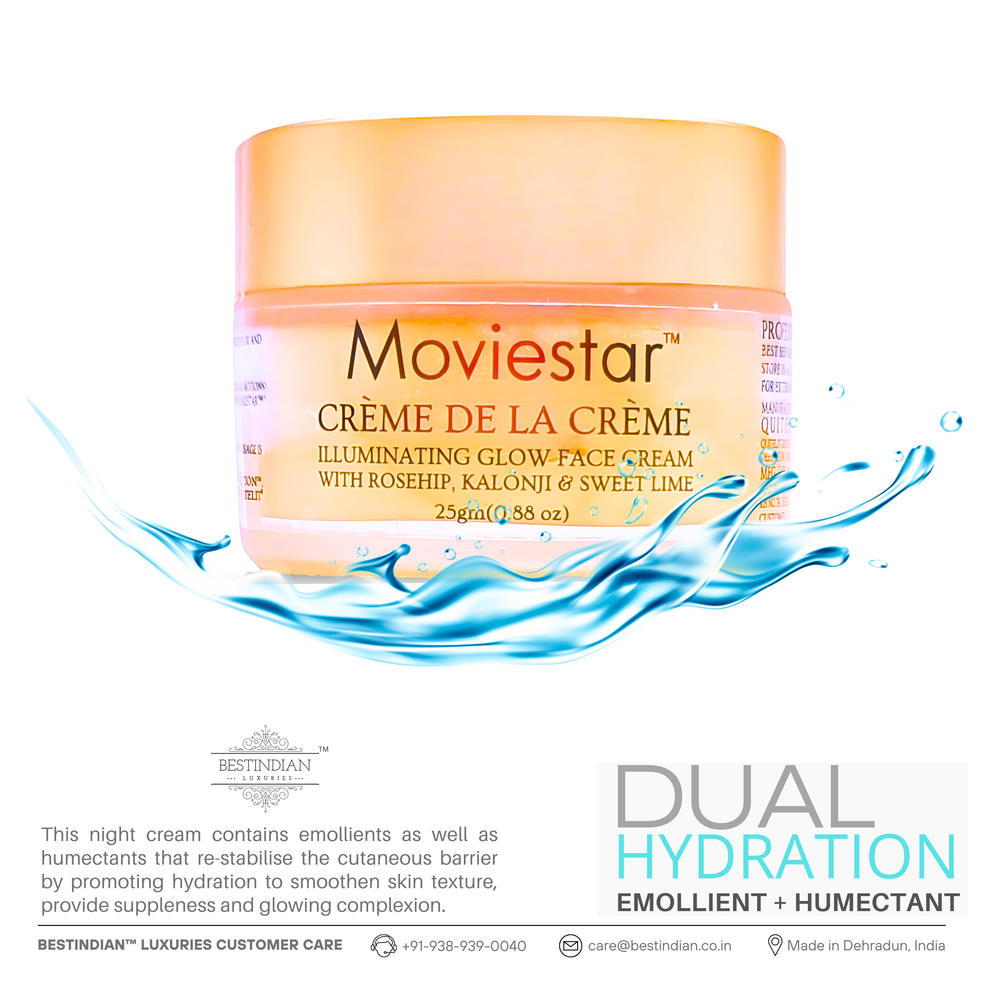 The Moviestar™ Crème De La Crème Night Cream by BestIndian, a deeply hydrating anti-aging night cream with emollient and humectant power, designed for glowing, supple skin overnight.
