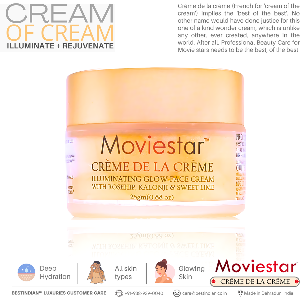 The Moviestar™ Crème De La Crème by BestIndian, an illuminating glow night cream with rosehip, kalonji, and sweetlime, offering deep hydration and rejuvenation for glowing skin, thus making it the cream of cream.