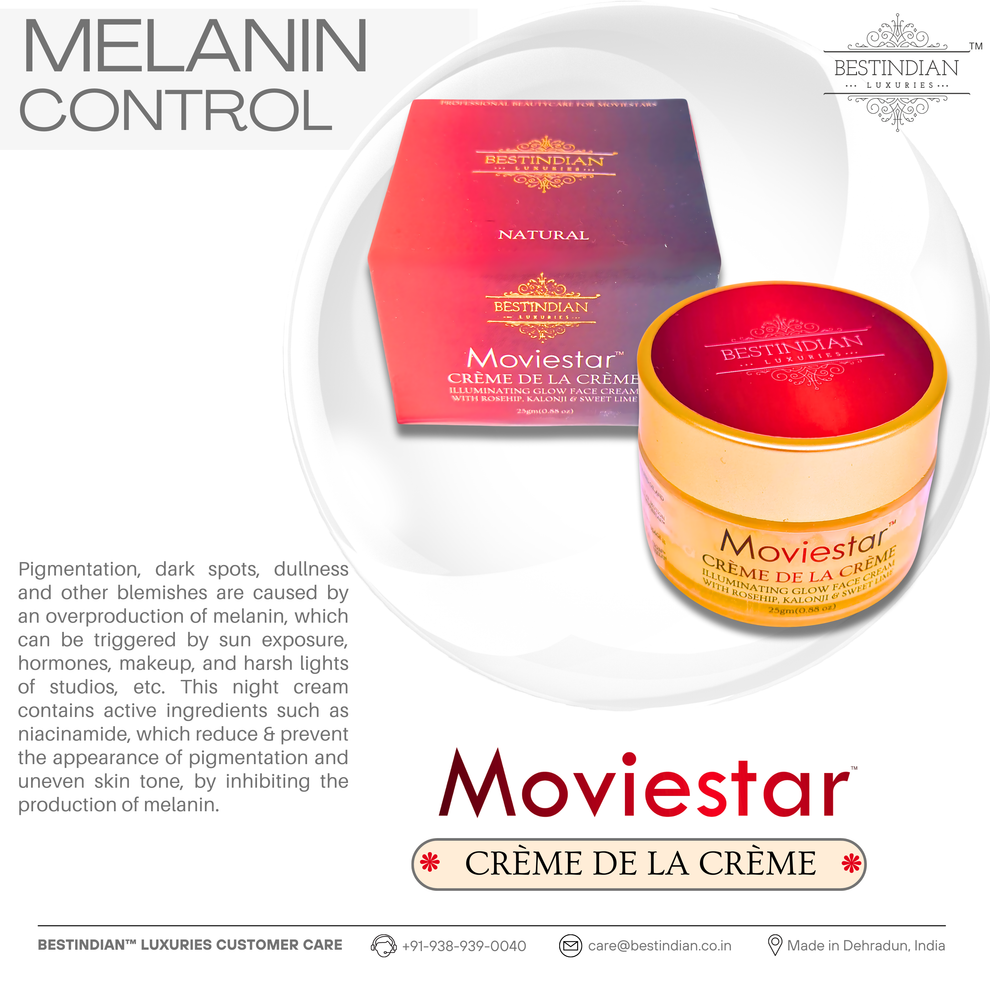 A premium view of Moviestar™ Crème De La Crème jar and box by BestIndian, the best night cream for dark spot reduction and pigmentation control, enriched with niacinamide and natural ingredients.