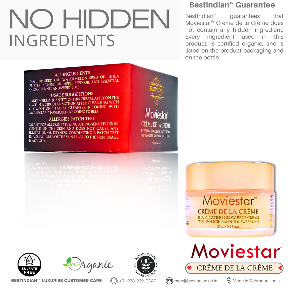 The Moviestar™ Crème De La Crème Night Cream box by BestIndian, showcasing a transparent ingredient list and certified organic, paraben-free, sulfate-free guarantee for sensitive skin.