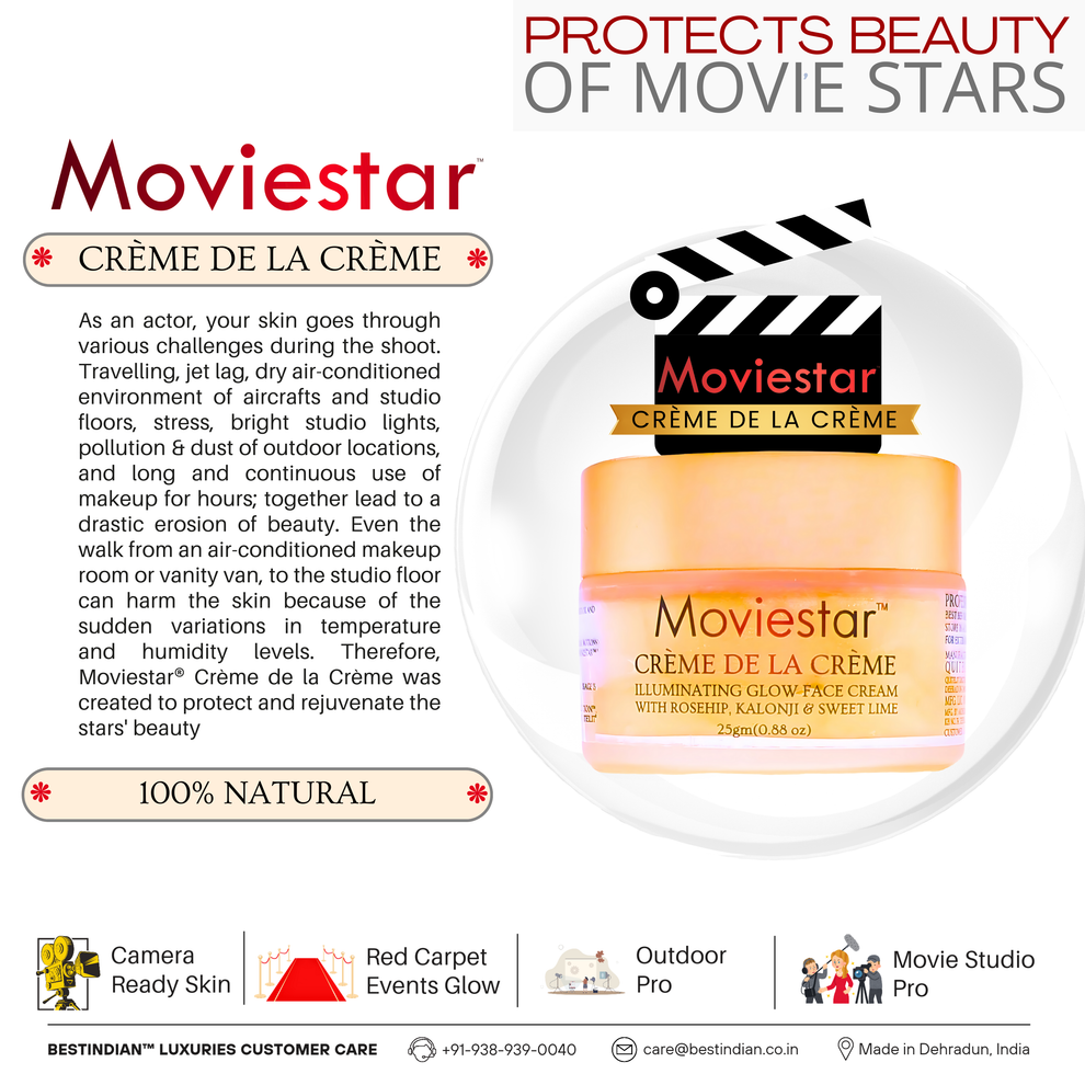 Moviestar™ Crème De La Crème Night Cream by BestIndian, formulated to protect and rejuvenate actors’ skin from harsh studio lights, makeup, and travel, ensuring camera-ready, healthy-looking skin.