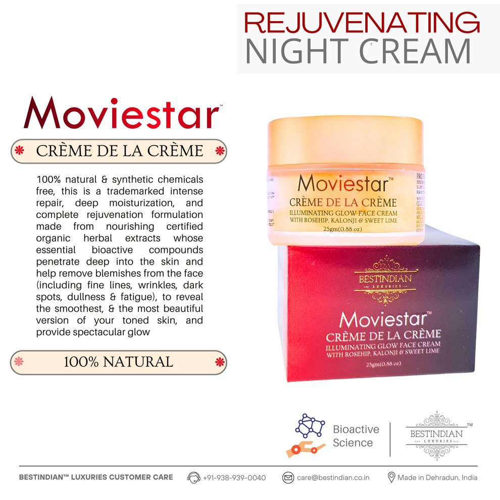 A jar and box of Moviestar™ Crème De La Crème Night Cream by BestIndian, a 100% natural, anti-aging night cream made with Ayurvedic botanicals for deep rejuvenation and glowing skin.