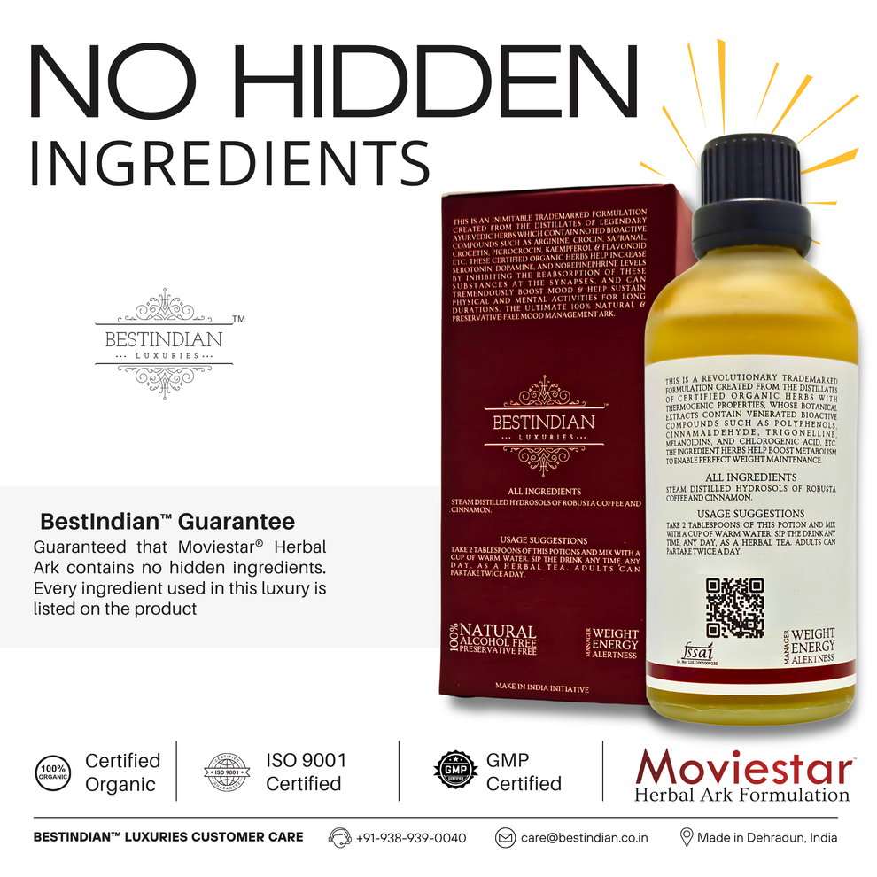 Moviestar™ Potion slimming herbal tea, listing all natural ingredients transparently for clean weight management.