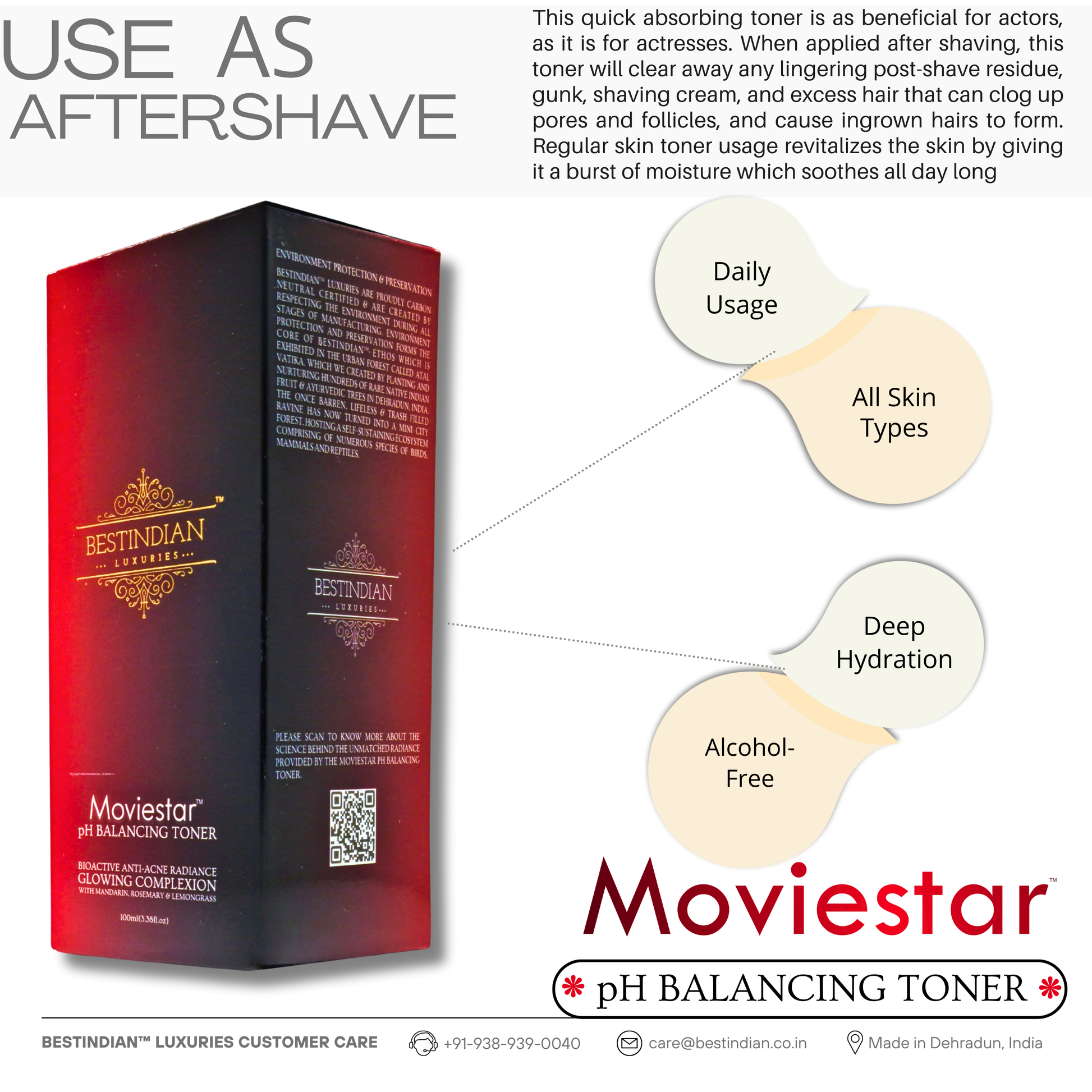 Side view of the Moviestar™ pH Balancing Toner box by BestIndian, illustrating daily usage, deep hydration, and alcohol-free formulation, ideal for all skin types and also recommended for aftershave care.