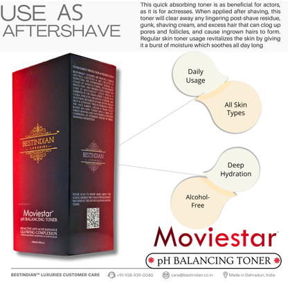 Side view of the Moviestar™ pH Balancing Toner box by BestIndian, illustrating daily usage, deep hydration, and alcohol-free formulation, ideal for all skin types and also recommended for aftershave care.