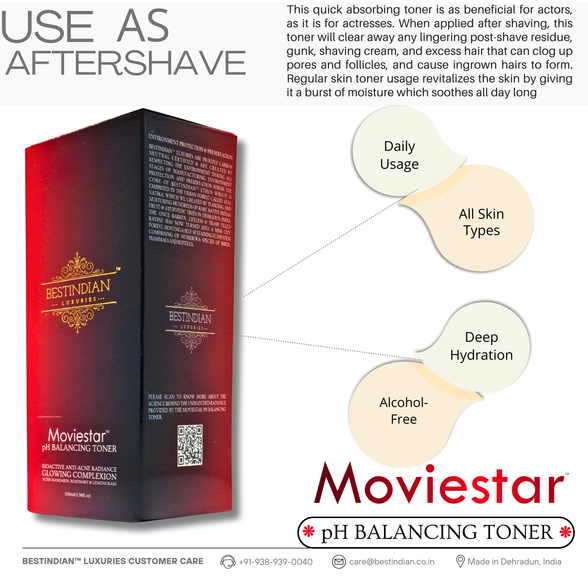 Side view of the Moviestar™ pH Balancing Toner box by BestIndian, illustrating daily usage, deep hydration, and alcohol-free formulation, ideal for all skin types and also recommended for aftershave care.