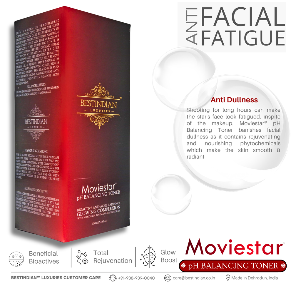 Premium packaging of Moviestar™ pH Balancing Toner by BestIndian, showcasing its anti-facial fatigue and anti-dullness benefits with rejuvenating phytochemicals for a radiant, smooth complexion.