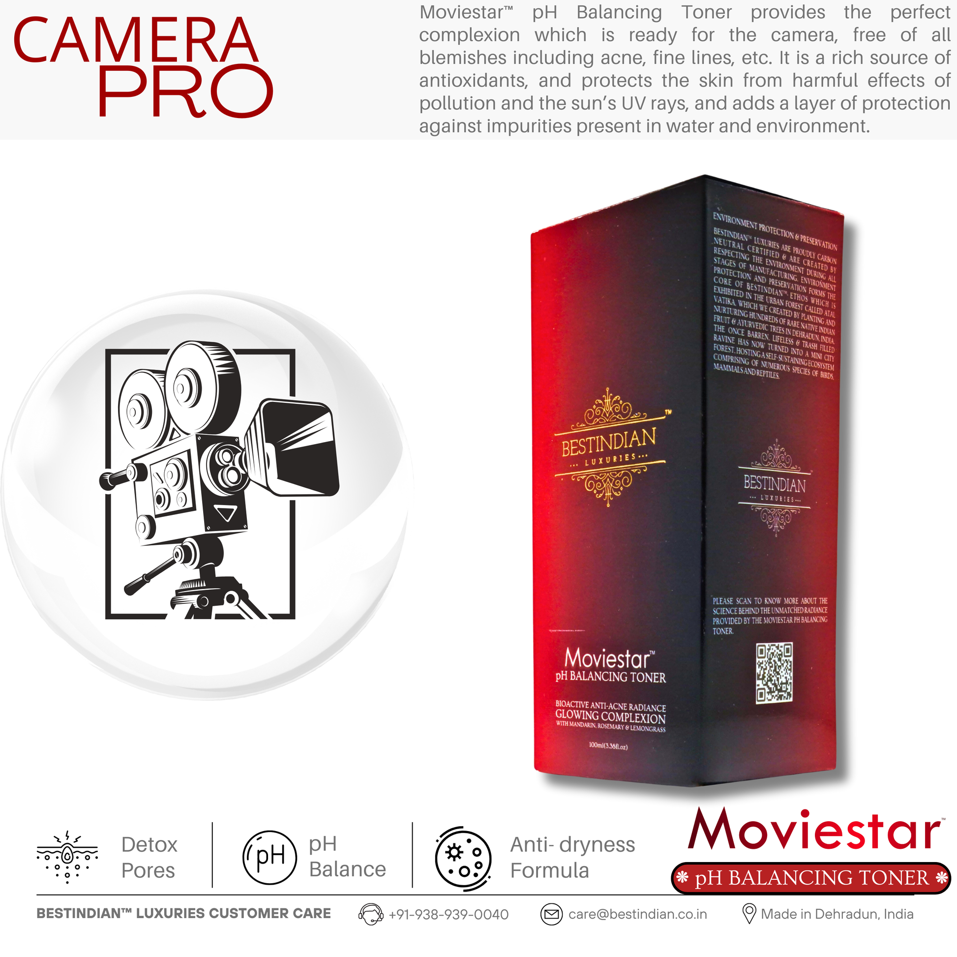 Product and packaging shot of Moviestar™ pH Balancing Toner by BestIndian with a professional film camera graphic, emphasizing its camera-ready, blemish-free complexion benefits and protection against pollution.