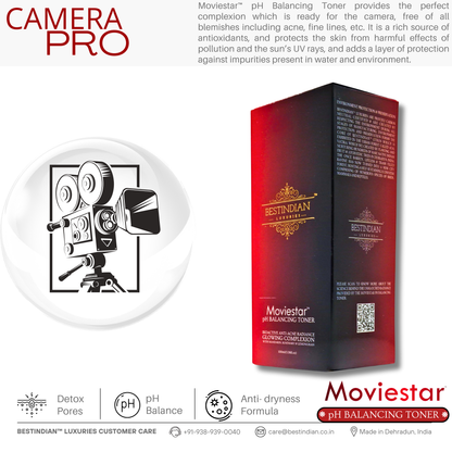 Product and packaging shot of Moviestar™ pH Balancing Toner by BestIndian with a professional film camera graphic, emphasizing its camera-ready, blemish-free complexion benefits and protection against pollution.