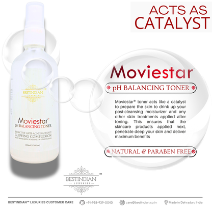 Moviestar™ pH Balancing Toner by BestIndian, highlighting its role as a skincare catalyst that enhances moisturization and maximizes absorption of post-cleanse treatments, with a natural and paraben-free formula.