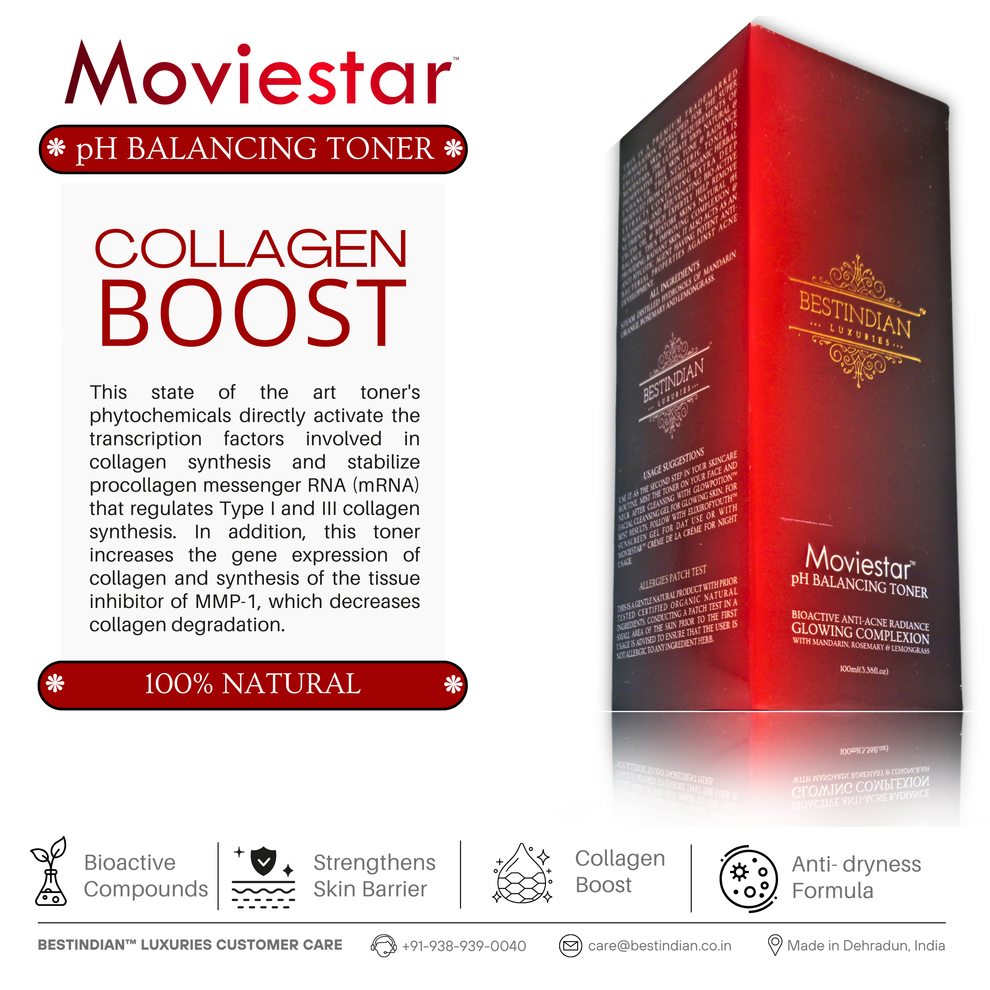 Premium packaging and benefit panel of Moviestar™ pH Balancing Toner by BestIndian, detailing its collagen boost feature with phytochemical compounds that strengthen the skin barrier and support anti-aging.