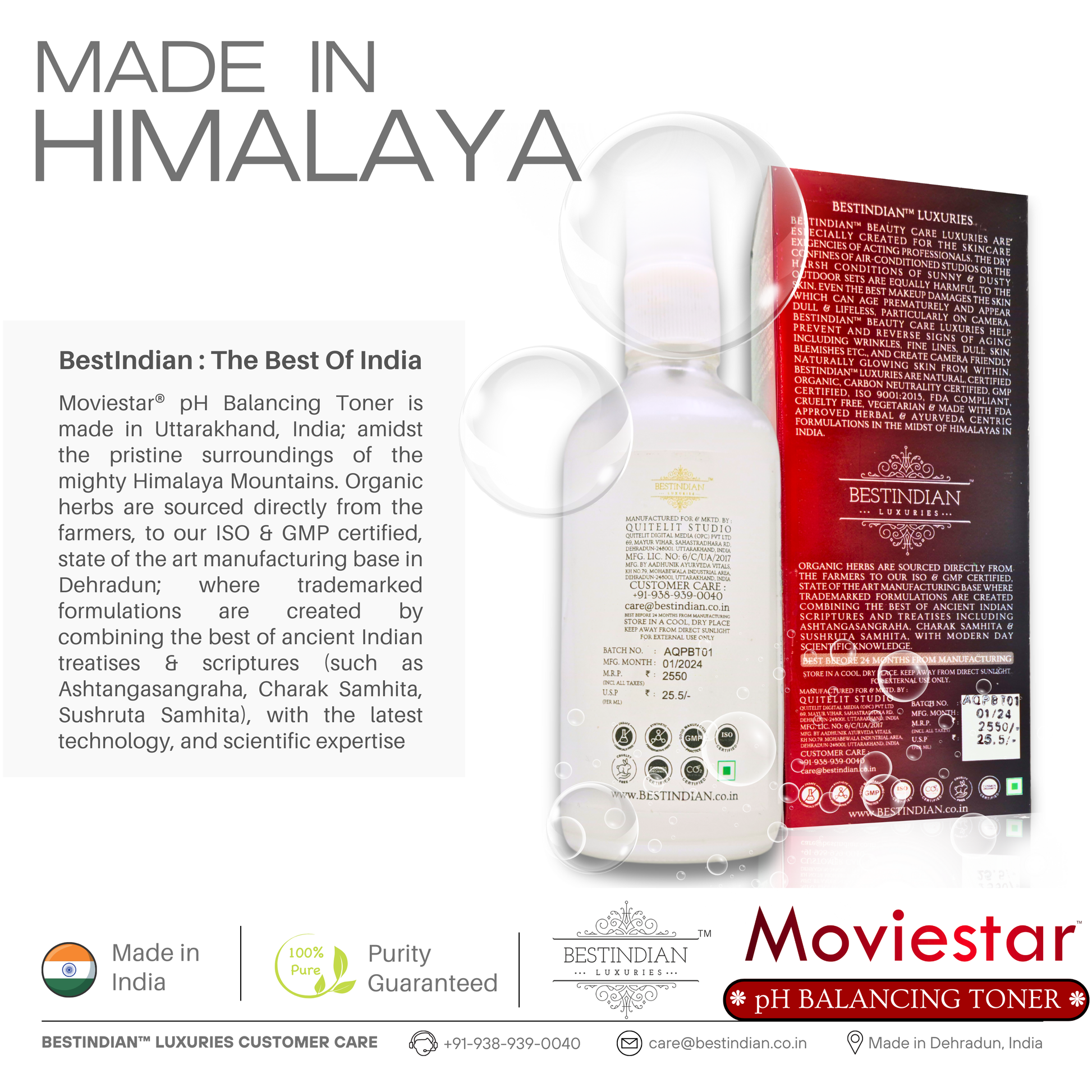 Rear-view of the Moviestar™ pH Balancing Toner bottle and box by BestIndian, presented with a “Made in Himalaya” story, highlighting the pure origins and Indian Ayurvedic manufacturing in the Himalayan region.