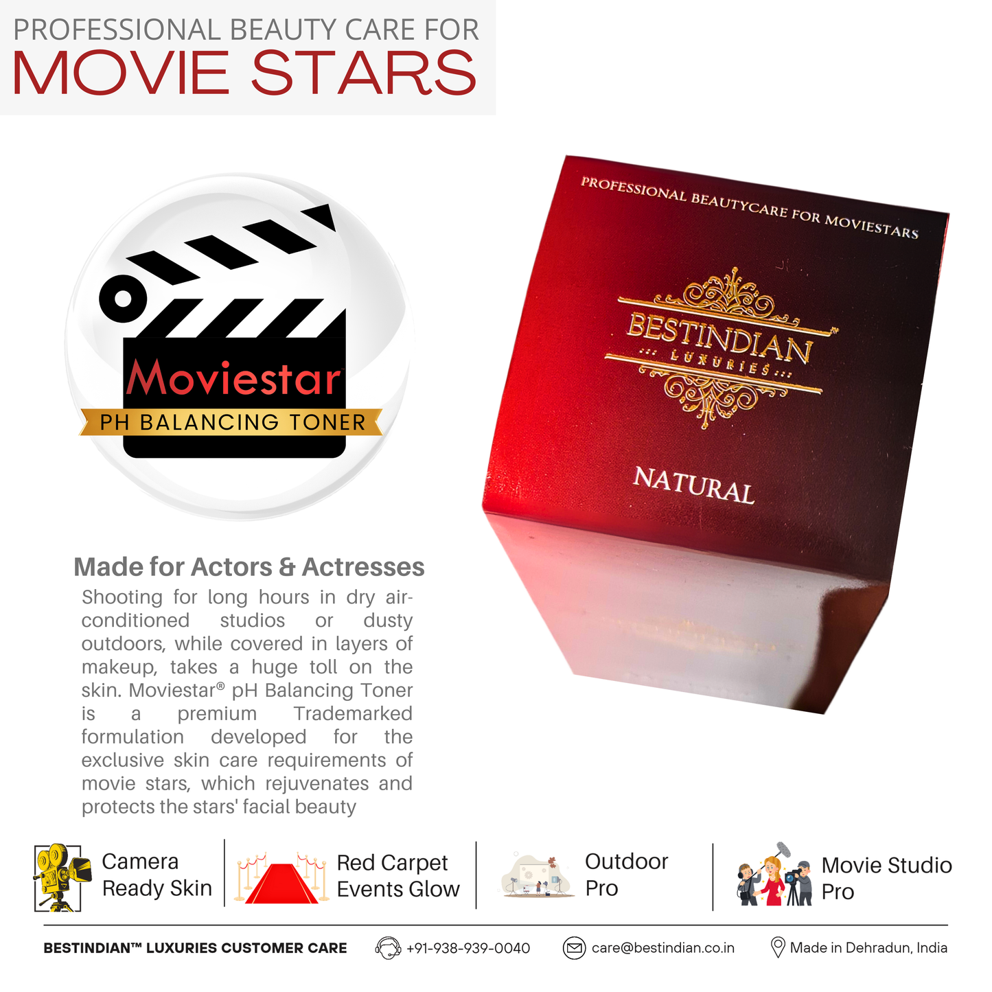 A side view of the premium Moviestar™ pH Balancing Toner box by BestIndian, with a callout for professional beauty care for movie stars, designed for camera-ready skin and red carpet events.