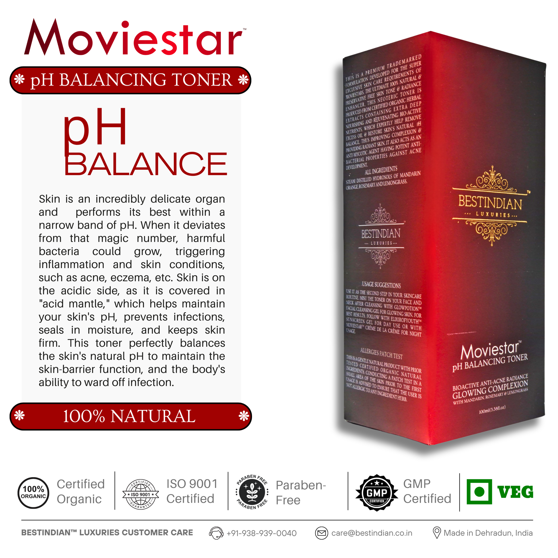 The packaging and explanation panel of Moviestar™ pH Balancing Toner by BestIndian, describing the importance of skin’s pH balance and how this natural facial toner helps maintain barrier health and prevent skin issues.