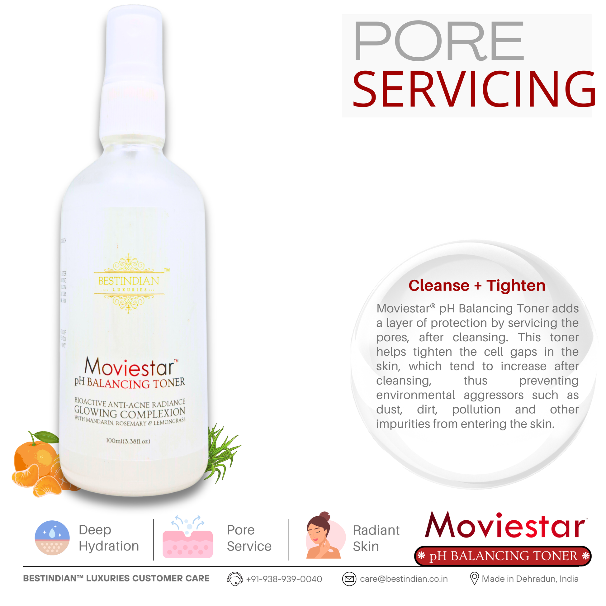 The Moviestar™ pH Balancing Toner bottle by BestIndian, shown with mandarin and rosemary, highlighting its pore servicing benefits, deep hydration, and the ability to tighten and protect skin after cleansing.
