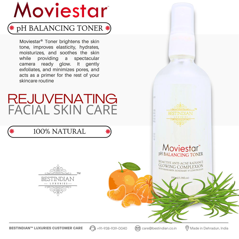 A high-resolution product image of Moviestar™ pH Balancing Toner by BestIndian, highlighting its benefits for rejuvenating facial skin care, brightening, hydration, and pore minimization; for a natural, camera-ready glow.