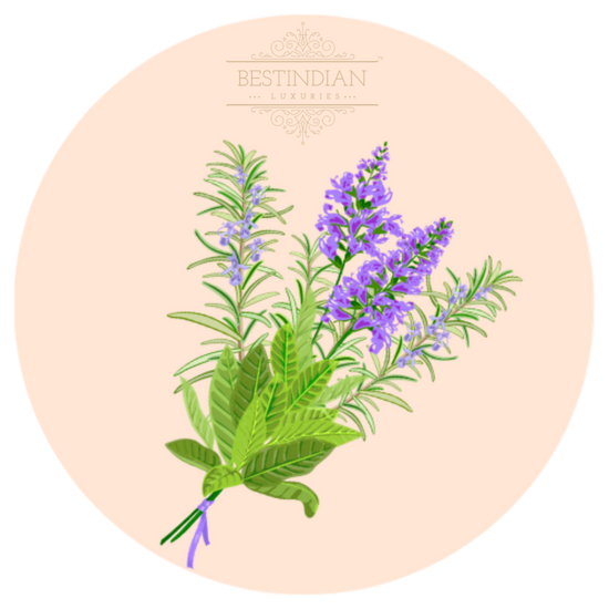 A detailed botanical illustration of fresh rosemary and purple flowering herbs, highlighted with the BestIndian™ Luxuries brandmark, representing natural aromatherapeutic ingredients used in Moviestar natural face toner
