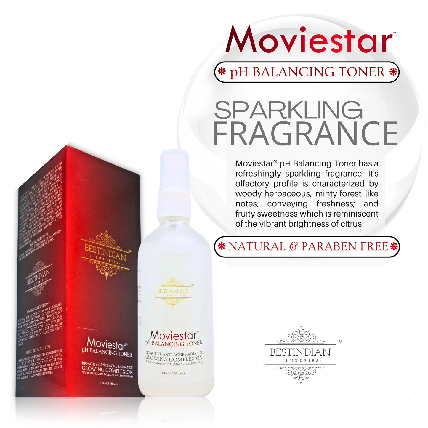 Moviestar™ pH Balancing Toner by BestIndian, with its premium box, highlighting the product’s sparkling woody-herbaceous and citrus fragrance and natural, paraben-free formula for luxurious skincare.