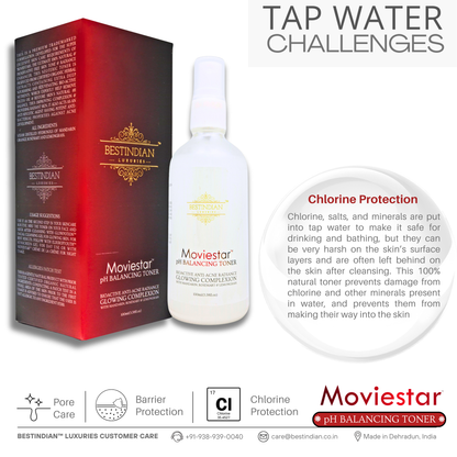 Moviestar™ pH Balancing Toner bottle and packaging by BestIndian, focusing on the product’s barrier protection and chlorine defense against harsh minerals left by tap water after skin cleansing.
