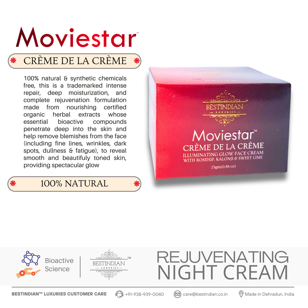 The Moviestar™ Crème De La Crème Rejuvenating Night Cream box by BestIndian, a 100% natural, Bioactive formula for anti-aging and glowing skin, made from certified organic botanicals.