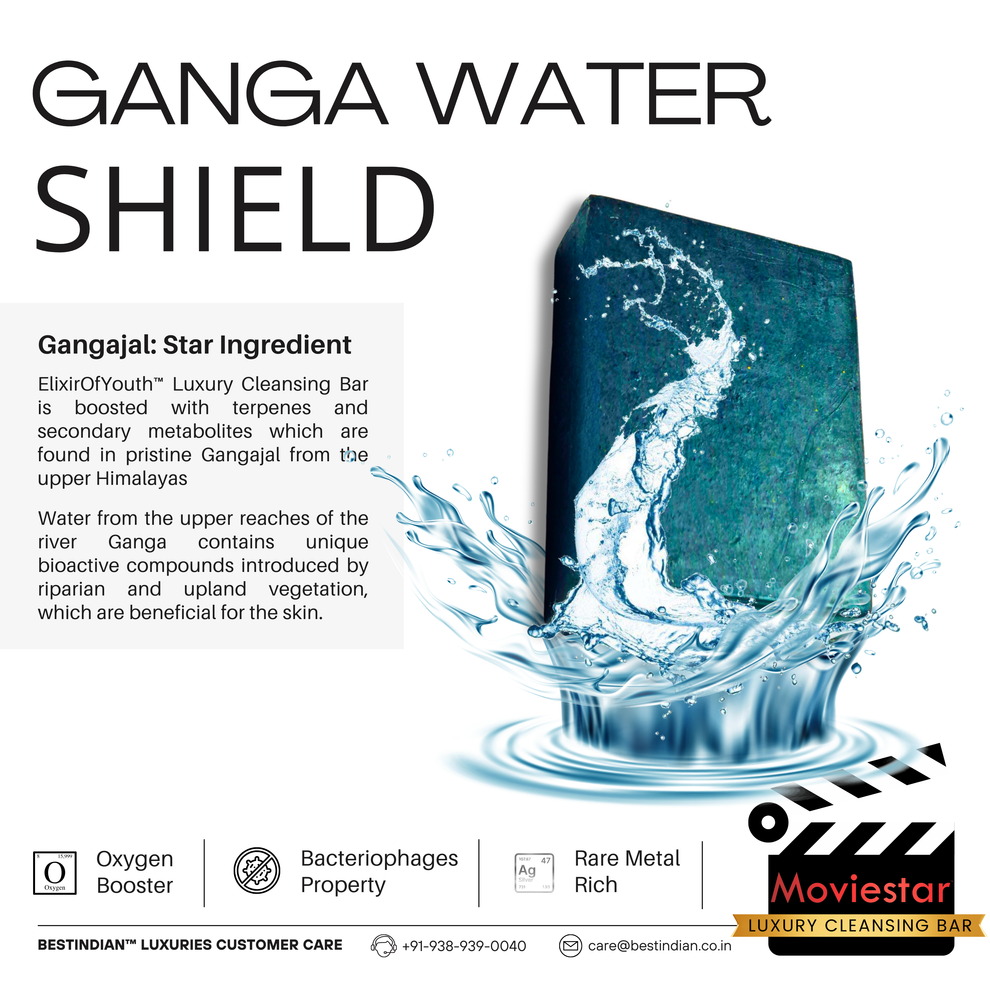 The Moviestar™ luxury cleansing bar being shielded by a splash of pure Ganga water, highlighting its bacteriophages property.