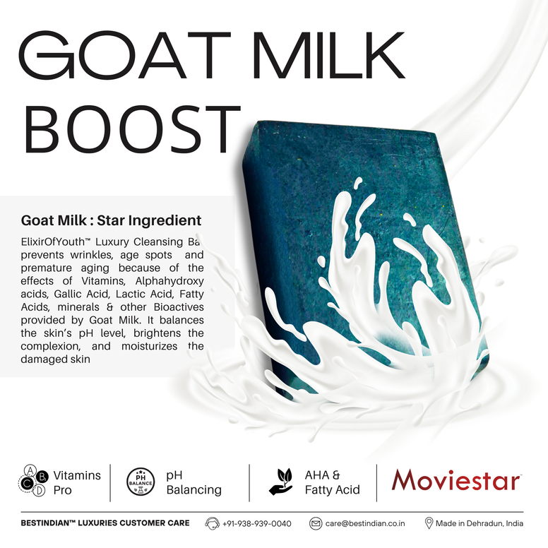The Moviestar™ soap bar with a splash of milk, illustrating the Goat Milk Boost feature which helps in pH balancing and provides AHAs.