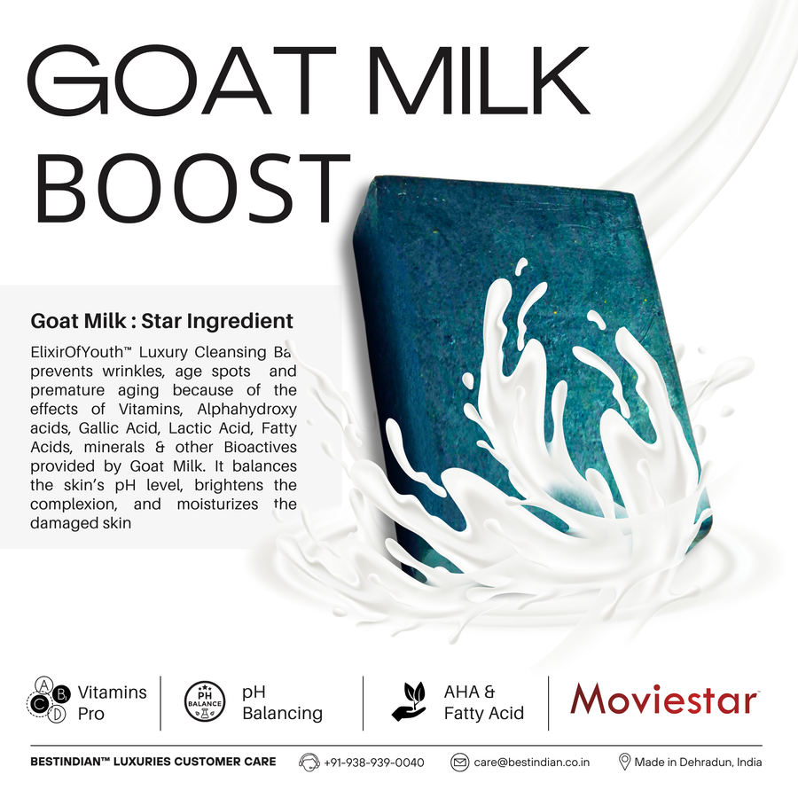 The Moviestar™ soap bar with a splash of milk, illustrating the Goat Milk Boost feature which helps in pH balancing and provides AHAs.