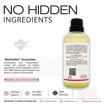 PeacePotion™ bedtime calming drink, made with transparent, certified ingredients for safe herbal tea enjoyment.
