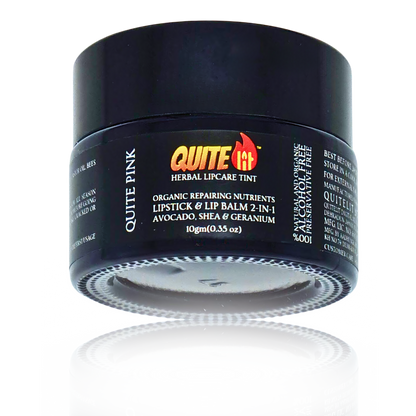 A high-definition product photo of QuiteLit™ Lip Tint by BestIndian, showing the glass jar with "Quite Pink" natural lip tint label, emphasizing its 2-in-1 formula as a moisturizing, organic lip stain for dark lips and daily use.
