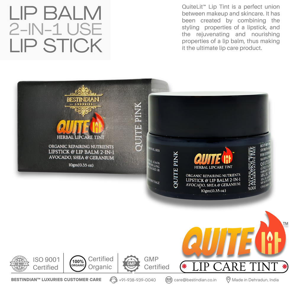 A product image of QuiteLit™ Lip Tint by BestIndian showing the jar with its black box, highlighting the 2-in-1 lip stick and lip balm functionality, combining makeup styling with nourishing organic properties for natural lip stain and moisturization.

