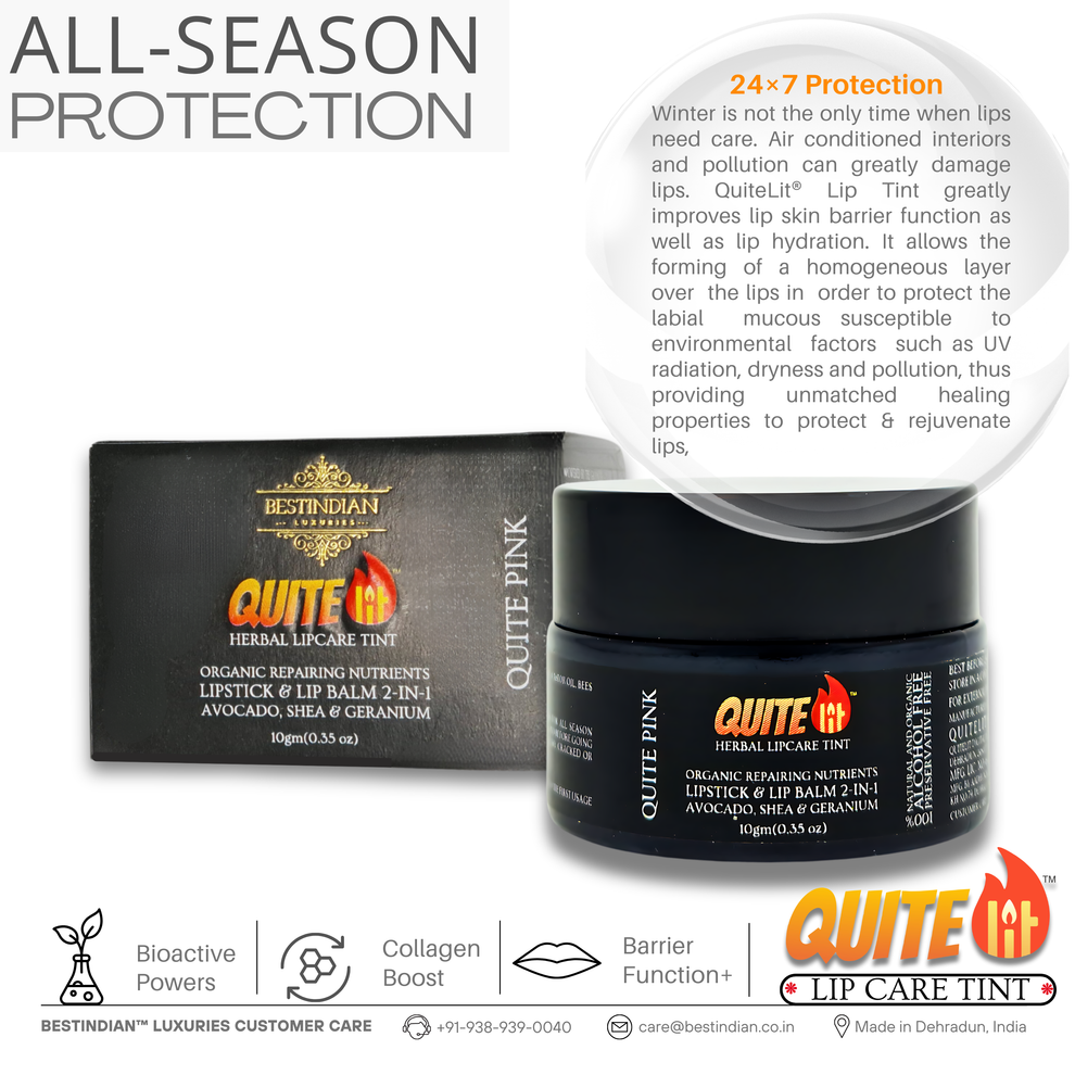 The QuiteLit™ Lip Tint by BestIndian, displayed with its outer box and detailed features, underlining its all-season barrier protection, collagen boost, and bioactive nourishment for long-lasting, intensely moisturizing color suitable even for dry or dark lips.