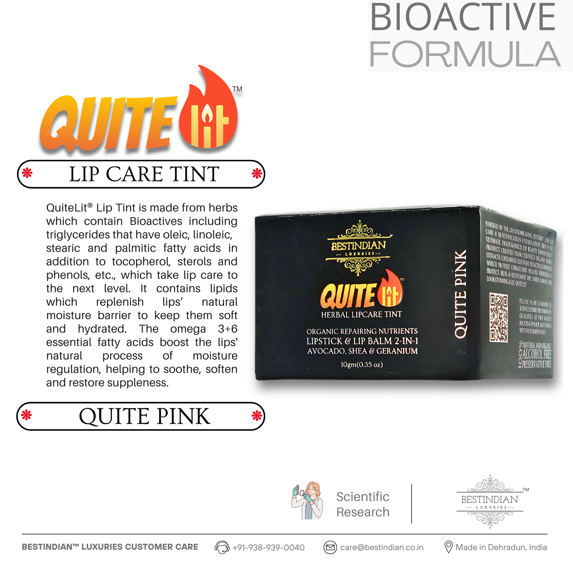 A product display of QuiteLit™ Lip Tint by BestIndian with its black box packaging, highlighting the bioactive herbal formula with "Quite Pink" natural tint, featuring scientific research and organic ingredients for long-lasting, moisturizing lip and cheek color.