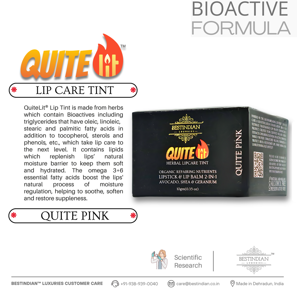 A product display of QuiteLit™ Lip Tint by BestIndian with its black box packaging, highlighting the bioactive herbal formula with "Quite Pink" natural tint, featuring scientific research and organic ingredients for long-lasting, moisturizing lip and cheek color.