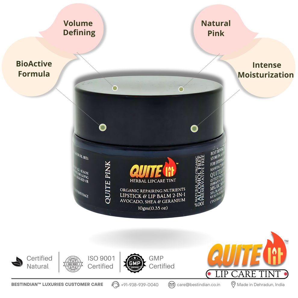 A close-up of the QuiteLit™ Lip Tint by BestIndian, highlighting its black jar packaging and infographic callouts for bioactive formula, volume defining, natural pink tint, and intense moisturization, designed as a long-lasting, organic lip and cheek tint for deep hydration and healthy lips.