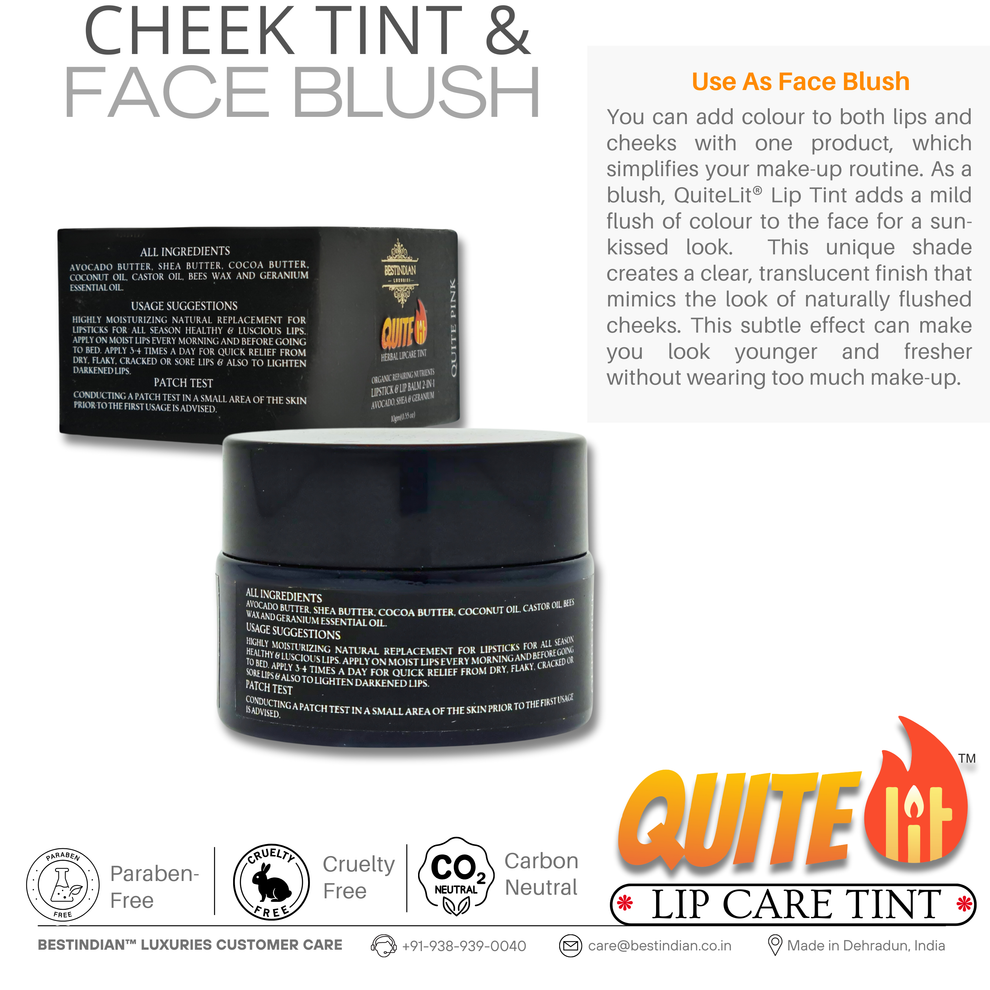 QuiteLit™ Lip Tint by BestIndian shown with its jar and detailed ingredient list, highlighting its dual functionality as a cheek tint and face blush with paraben-free, cruelty-free, and carbon-neutral formulation for natural, moisturizing lip and cheek color.