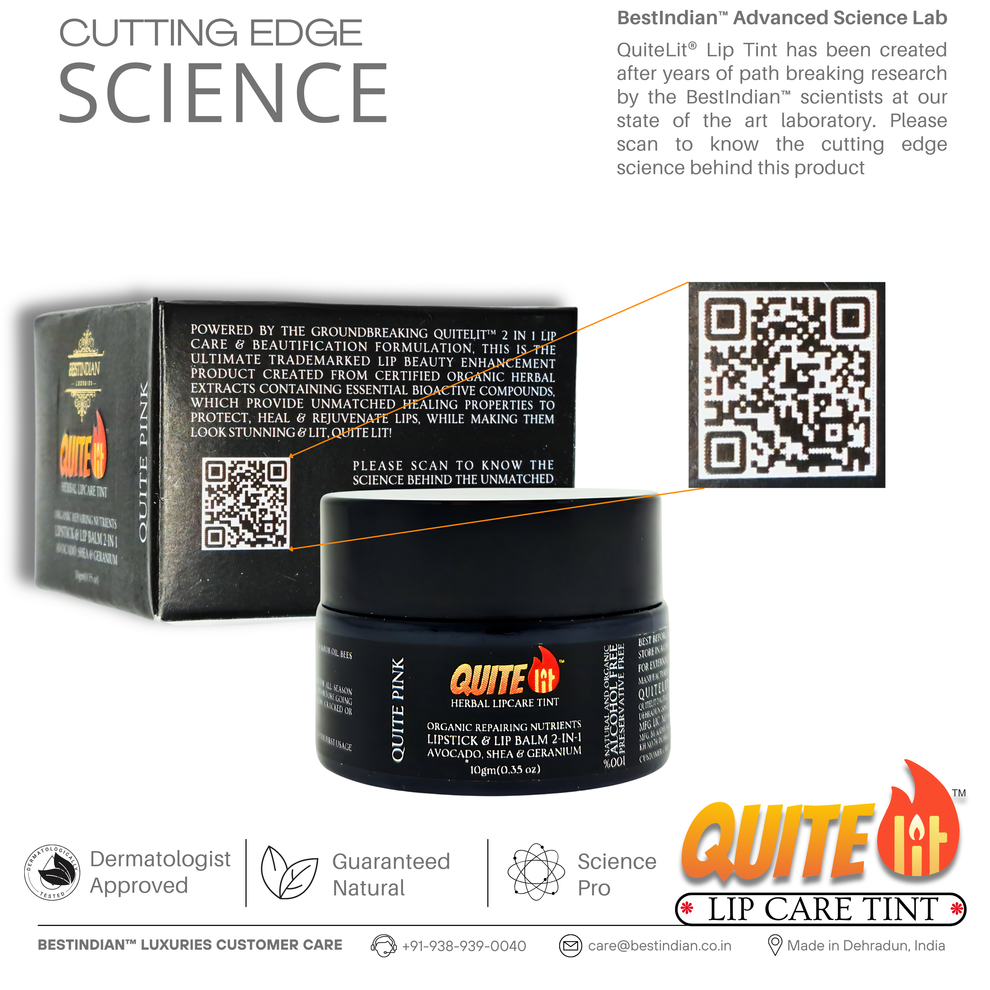 QuiteLit™ Lip Tint by BestIndian displayed with its scientific research packaging and QR codes, showcasing cutting-edge laboratory development, dermatologist approval, guaranteed natural formulation, and advanced science behind the groundbreaking 2-in-1 lip care and beautification formula with bioactive healing compounds.