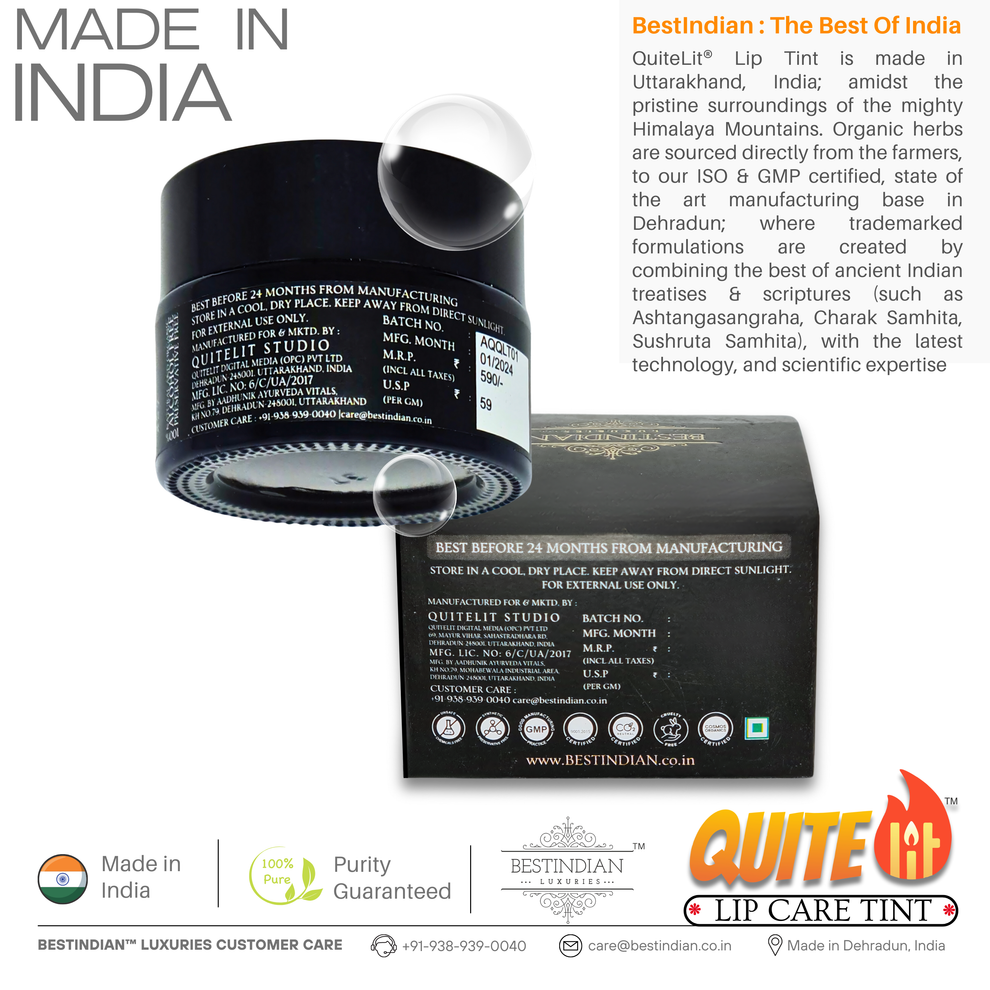 A back view of QuiteLit™ Lip Tint jar by BestIndian showing detailed manufacturing information and certifications, highlighting its authentic Made in India heritage from Uttarakhand Himalayas with trademarked formulations combining ancient Ayurvedic wisdom and modern technology.