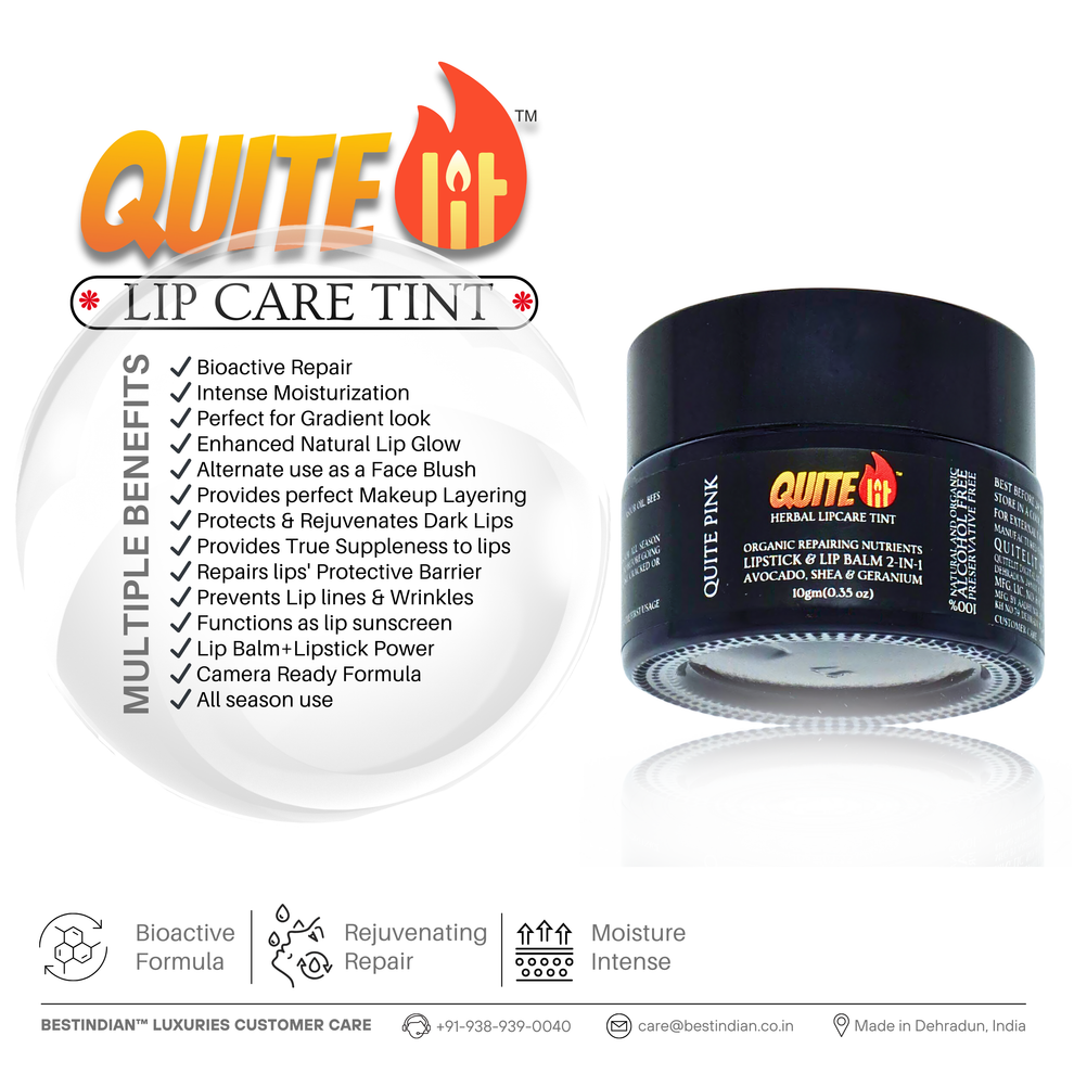 QuiteLit™ Lip Tint by BestIndian displayed with comprehensive benefits list including bioactive repair, intense moisturization, gradient look capability, natural lip glow enhancement, face blush alternative, and protective barrier functions for complete lip care.