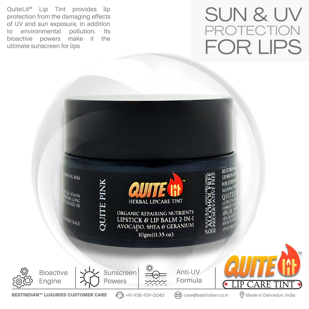 A close-up of QuiteLit™ Lip Tint jar by BestIndian emphasizing its sun and UV protection capabilities, featuring bioactive engine, sunscreen powers, and anti-UV formula to protect lips from environmental damage while providing natural color.