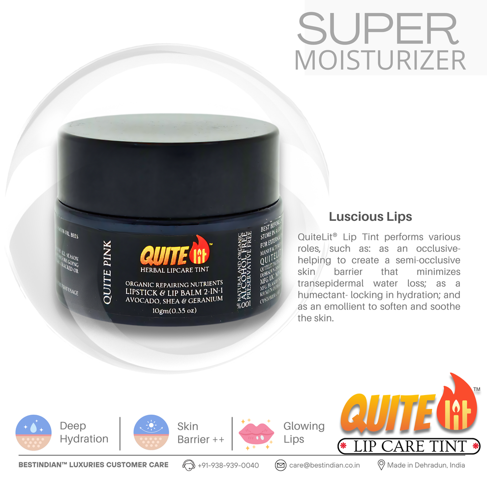 A close-up shot of QuiteLit™ Lip Tint by BestIndian showcasing its jar and luscious lips benefits, emphasizing its super moisturizing formula with deep hydration, skin barrier protection, and glowing lips for natural lip care and cheek tint application.