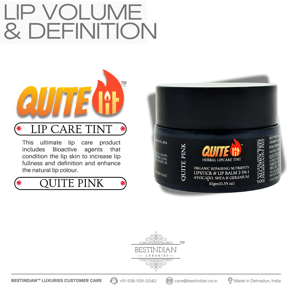 A product shot of QuiteLit™ Lip Tint by BestIndian highlighting its lip volume and definition benefits, featuring bioactive agents that enhance natural lip fullness and color with the signature "Quite Pink" shade for plumper, more defined lips.