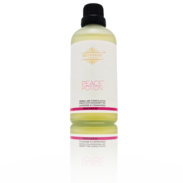 PeacePotion™ relaxing herbal tea for sleep featuring gentle Lavender and Chamomile benefits for peaceful nights.