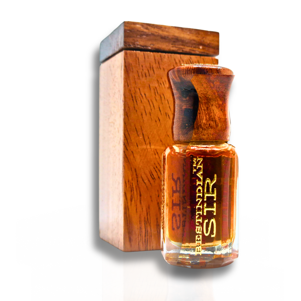 Best Oud Vanilla Men Perfume- Sir (by BestIndian™) Perfume Elixir's  vial (wooden cap) beside its handcrafted wooden case with engraved BestIndian™ logo.