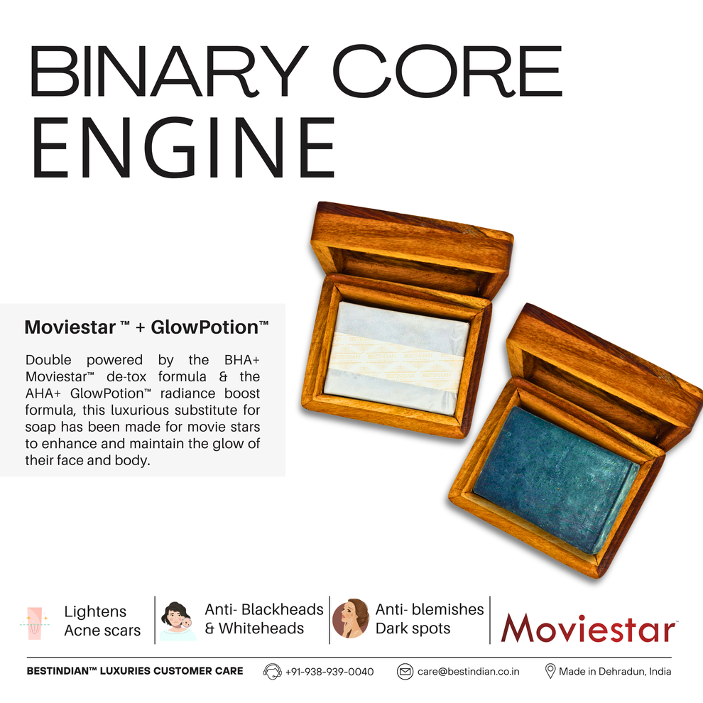 Infographic for the best soap for acne and blackheads- Moviestar™, showcasing the AHA BHA formula that lightens acne scars and fights blackheads.