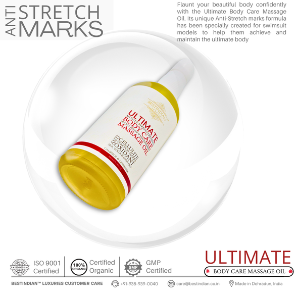 A close-up diagonal shot of BestIndian™ Ultimate Body Care Massage Oil bottle highlighting its golden herbal texture and advanced anti-stretch mark formula, specially created for swimsuit models and anyone seeking smooth, flawless skin through luxury ayurvedic body oil.