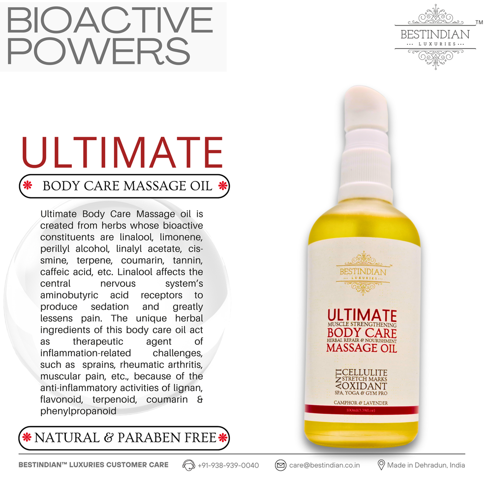 A product image of BestIndian™ Ultimate Body Care Massage Oil bottle, emphasizing its natural bioactive ingredients like lavender and camphor, highlighting its benefits as an ayurvedic muscle recovery oil for pain relief, inflammation reduction, and spa-quality massage experience.